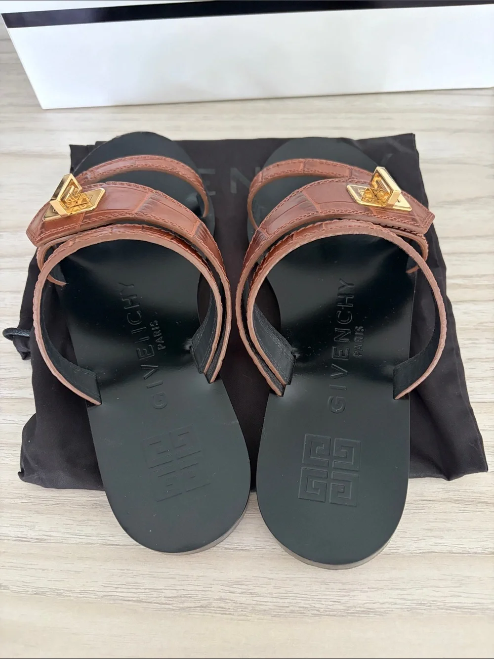 Givenchy Brown Leather Double-Strap Sandals with Gold Buckles